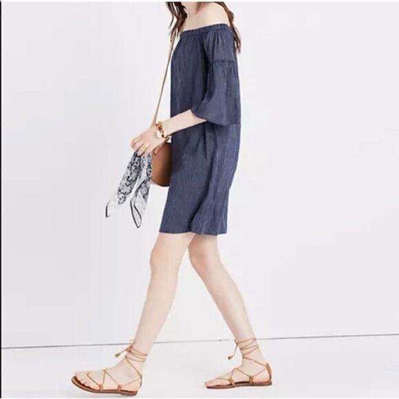 Madewell Women’s Size 8 Navy Off the Shoulder Bell Sleeve Mini Dress Stretch - Picture 9 of 10
